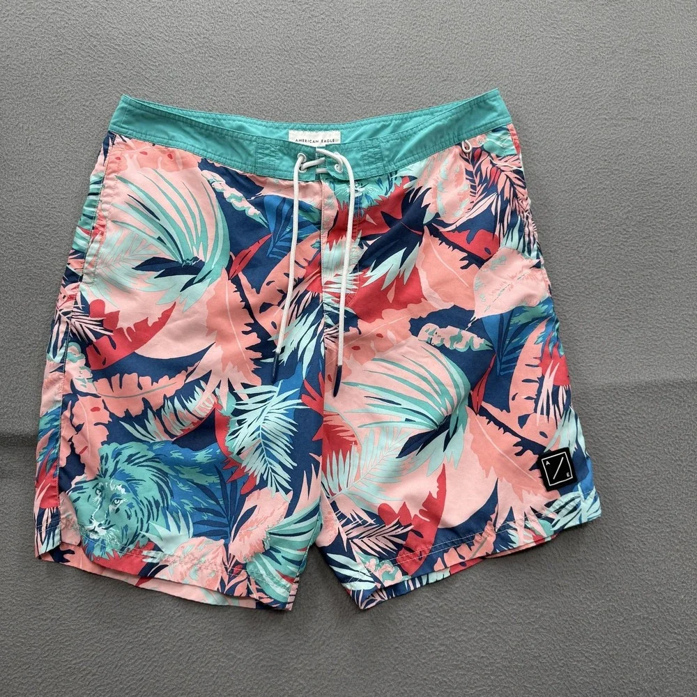 American Eagle Swim Shorts Mens Large Multicolor Tropical Lion‎ Trunks Beach